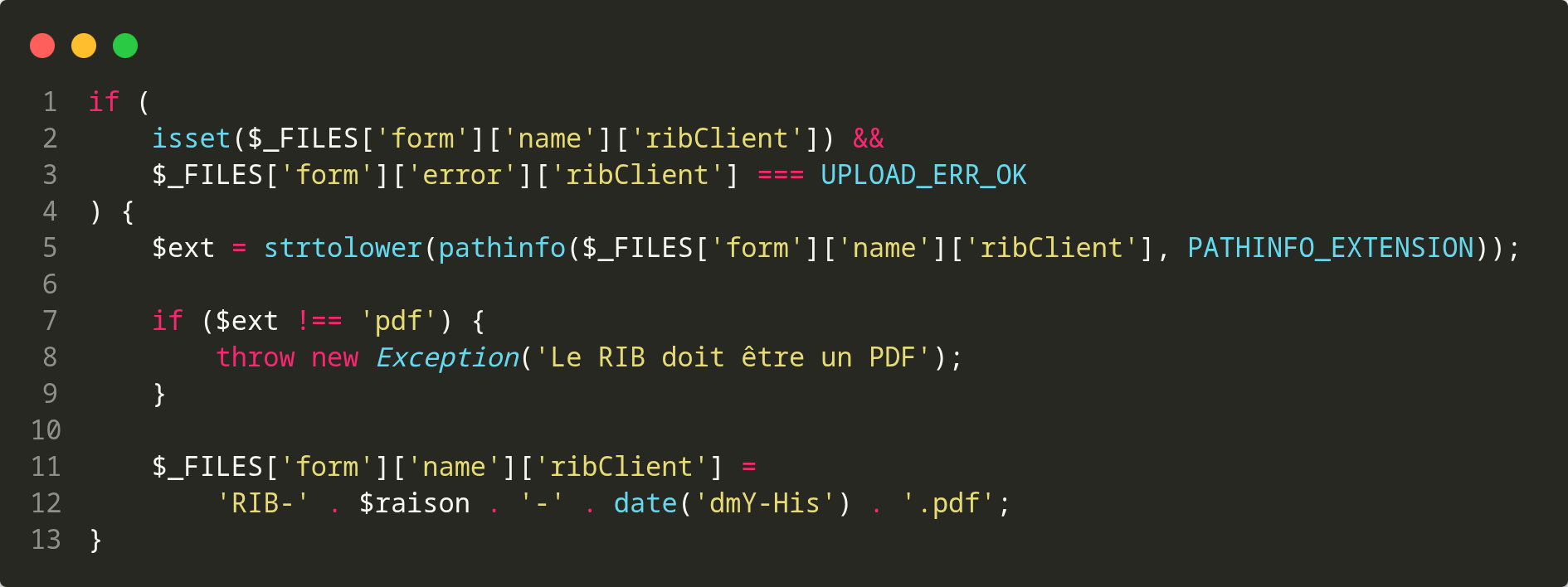 Capture d'écran du code de renommage du RIB